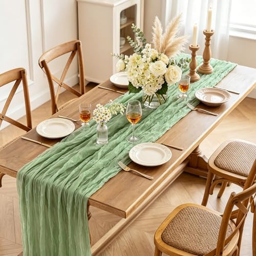 3Pcs Sage Green Cheesecloth Table Runner, 10FT Rustic Green Boho Gauze Table Runner for Spring Easter Woodland Safari Baby Shower Bridal Shower Wedding Tea Party Birthday Decorations - Image 3