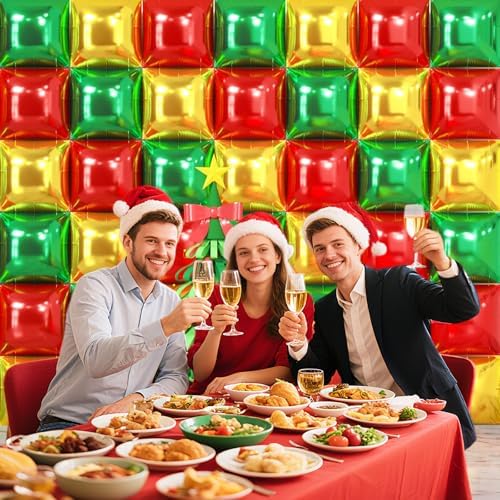 NISOCY 48PCS Red Green Gold Square Foil Balloons Wall Backdrop Double Sided Red Green Gold Balloons Arch Kit for Birthday Christmas New Year’s Graduation Anniversary Wedding Party Decorations - Image 6