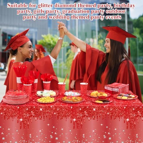 452 Pcs Red Birthday Party Decoration for 50 Guest, Red Diamond Glitter Paper Plates Napkins Cups Tablecloth Cutlery Straws Tableware for Birthday Wedding Baby Shower Graduation Party Supply - Image 4