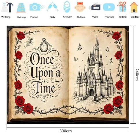 Fairy Tale Castle Book Backdrop 10x8ft Vintage Once Upon a Time Photography Background with Red Roses for Princess Themed Photoshoot Wedding Bridal Shower Photo Booth Props - Image 6