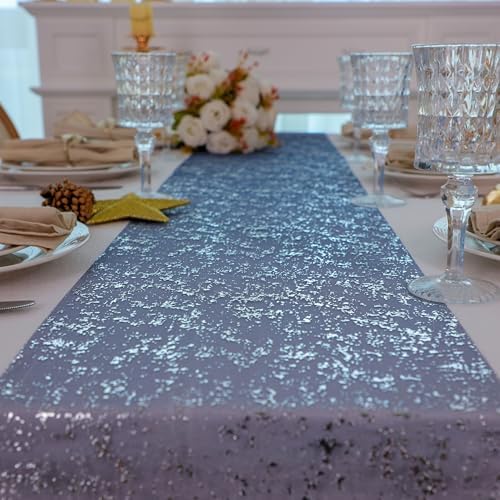 2 Pcs Navy Blue Silver Table Runner, Glitter Metallic Foil Mesh Roll 108" - Image 4