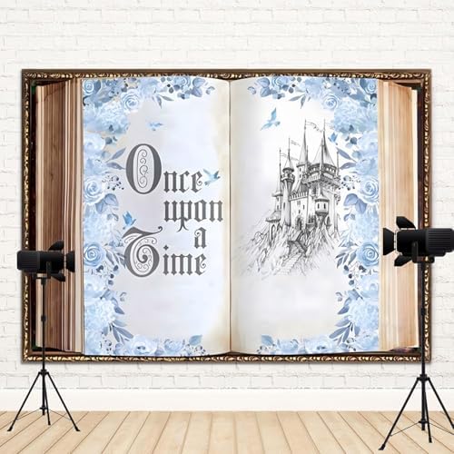 8x6ft Once Upon a Time Backdrop Fairy Tale Storybook Open Book Castle Photography Background for Princess Wedding Birthday Party Baby Shower Photo Booth Props Blue Flower Rose Vintage Decor - Image 4