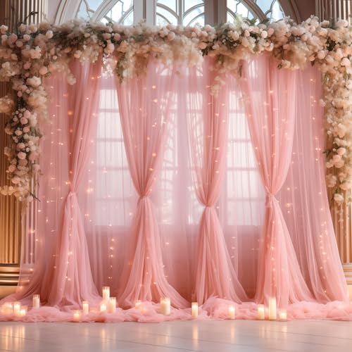 30ft x 10ft Dusty Rose Backdrop Curtain with Lights String for Parties, Sheer Tulle Wedding Photo Backdrops Drapes for Baby Shower Birthday Party Decorations Background for Photography by Shillance
