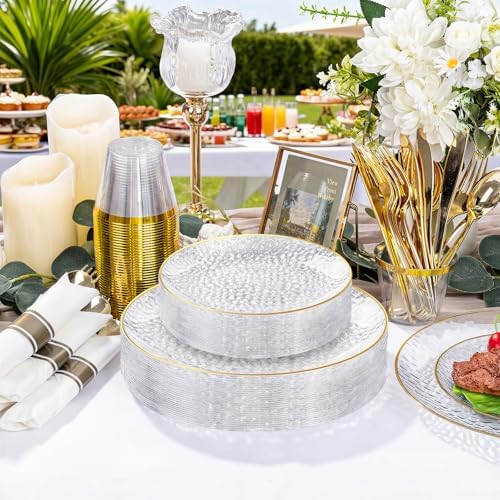 Rubtlamp 700Pcs Gold Plastic Dinnerware Set, Hammered Clear Gold Plates, Fancy Plastic Plates Include 100 Dinner Platos,100 Salad Platos,100 Cups,100 Pack Pre Rolled gold plastic Silverware - Image 4