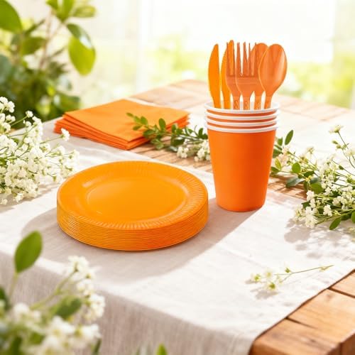 210pcs Orange plates and napkins party supplies - Plastic Silverware Cutlery, Paper Cups and Plates, Napkins Suitable for parties and birthdays Serves 30 (Orange) - Image 6