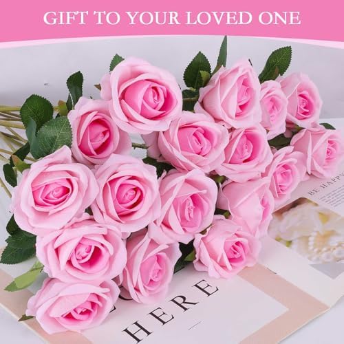 Hananona 50 Pcs Artificial Roses, Realistic Silk Pink Flowers Bulk - Image 6
