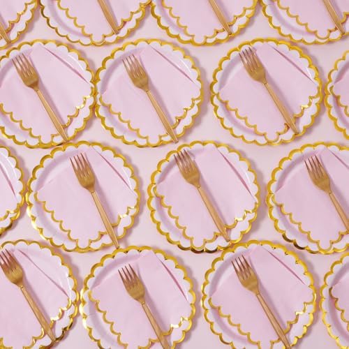 Pink & gold scalloped party plates with napkins and fork gold foil border, 24 Guest Pink disposable Tableware Set Party Decoration for Birthday Coquette Bridal Baby Shower Valentines - Image 5