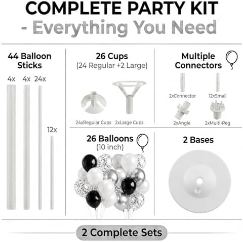Balloon Column Stand Kit,2 Sets of Assorted Rainbow Balloon Tower Pillar with 10inch Bright Color baloon Reusable Design for Grirls Party,Birthday, Wedding,Baby Shower (Black Silver) - Image 2