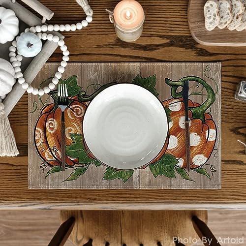 Artoid Mode Polka Dot Pumpkins Vine Thanksgiving Placemats Set of 4, 12x18 Inch Seasonal Fall Table Mats for Party Kitchen Dining Decoration - Image 2