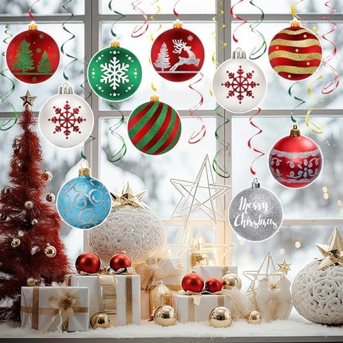 Christmas Hanging Swirl Decorations - 30 Pcs Christmas Ball Hanging Foil Swirl Xmas Tree Snowflake Elk Ceiling Decor for Xmas Holiday Party Supplies - Image 3