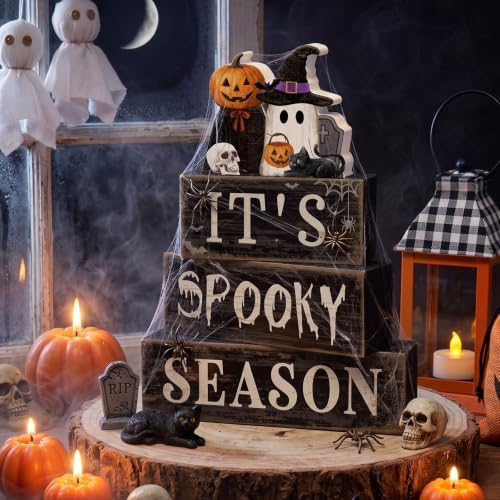 Moucuny 4 Pcs Halloween Table Decor Pumpkin Ghost Wood Stacked Block Decor - Image 2
