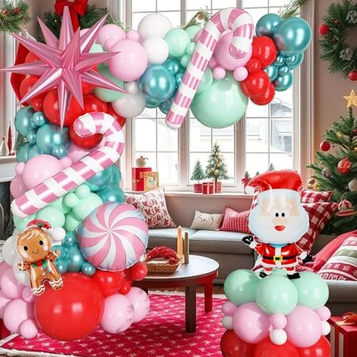 Christmas Balloon Arch Kit, Red Pastel Baby Pink White Mint Dusty Metallic Teal Green Xmas Balloons with Gingerbread Man Claus Candy Cane Foil Balloons for Merry Christmas Party Decorations - Image 6