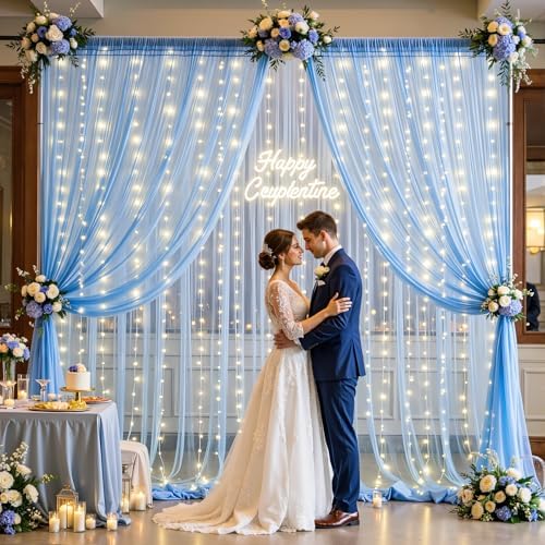 10×12ft Baby Blue Sheer Tulle Backdrop Curtains with Lights String for Parties Baby Shower Decorations for Boy Bridal Shower Birthday Party Photo Shoot Background Wall Decorations 2 Panels 5×12ft - Image 3