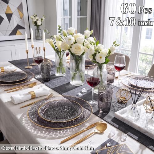 Rubtlamp 60Pcs Black Plastic Plates, Black Disposable Plates With Gold Rim, Clear Heavy-duty Party Plates, Hammered Plastic plates Include 30 Dessert Platos, 30 Dinner Platos for Party - Image 4