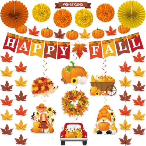 Biswiter Fall Decor, Hello Fall Banner & Pumpkin Paper Lanterns Set by Biswiter