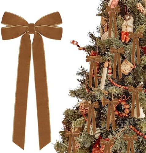 12Pcs Vintage Velvet Ribbon Bows Christmas Tree Decorations,5in x 10in Brown Xmas Ornaments for Tree Home Party Front Door Wreath Holiday Decor by brand