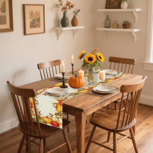 Vintage Buffalo Plaid Table Runner 13x72 Inch - Fall Harvest Decor with Pumpkins Mushrooms Birdhouse Leaves, Seasonal Indoor Outdoor Kitchen Dining Table Decoration for Home Party - Image 3