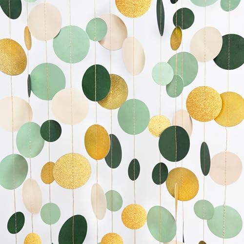 Sage Green Gold Beige Party Polka Dot Garlands Oilve Green Glitter Gold Hanging Paper Circle Dots Streamer for Birthday Wedding Shower Engagement Retirement Boho Safari Party Decorations Supplies by pinkblume