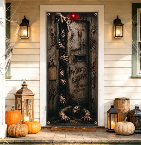 Halloween Haunted Asylum Door Banner 35.4 x 78.7 Inch Polyester Door Cover, Horror Patient Room Entrance Decoration for Front Door Porch Entryway, Halloween Home Decor by Unknown