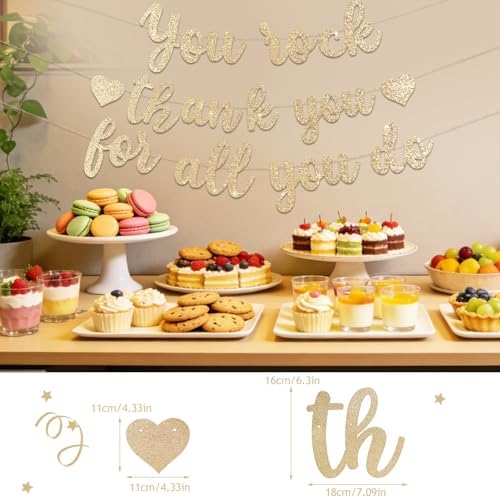 Pre-Strung You Rock Thank You For All You Do Banner - Glitter Employee Appreciation Decorations, Staff Teacher Nurse Recognition Party Supplies, Retirement Office Decor Sign, Large Cardstock Garland (Champagne Gold) - Image 4