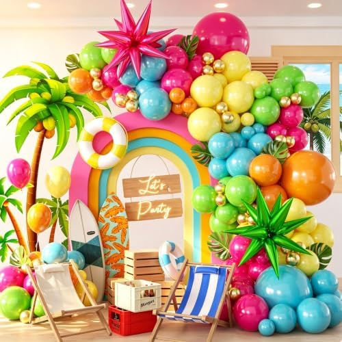 157PCS Flamingo Tropical Luau Balloons Arch Garland Kit, Olive Green Hot Pink Orange Blue Yelloow Gold Balloons with Foil Star Balloons for Summer Beach Aloha Pool Party Decorations Supplies by Woaipati