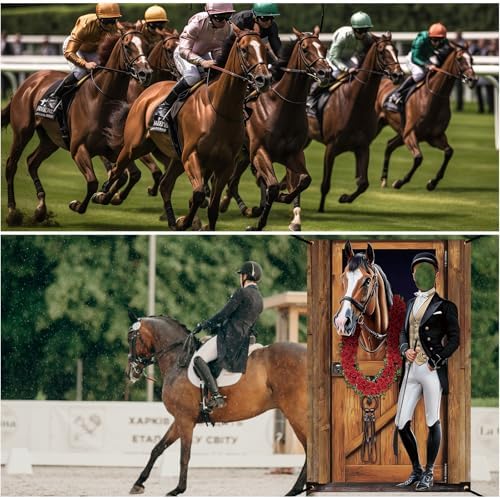 Tudomro Horse Racing Photo Booth Backdrop, 6x4ft Fabric 2 Face Cutouts - Image 6