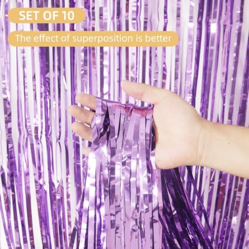10 Pack Light Purple Foil Curtain Backdrop 3.2ft x 9.8ft Metallic Tinsel Foil Fringe Curtains Streamer Photo Booth Backdrop for Birthday Party Halloween Christmas New Year Party Supply - Image 2