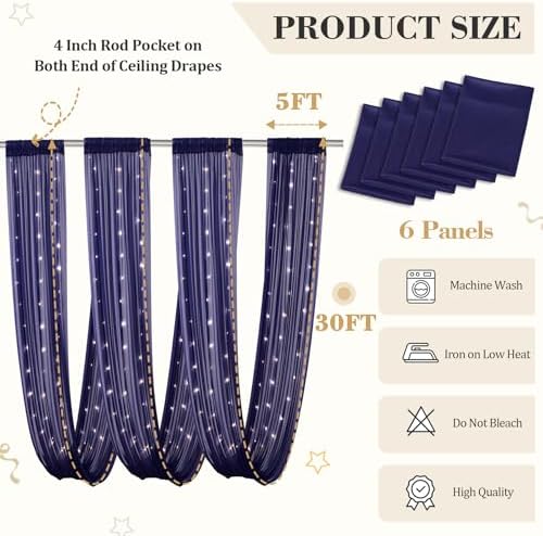 6 Panels Dark Blue Ceiling Curtains with Lights for Weddings - 5ftx30ft Wrinkle-Free Tulle Fabric Wedding Arch Draping Ceiling Drapes Decorations for Wedding Party Ceremony Stage Tent Event - Image 2