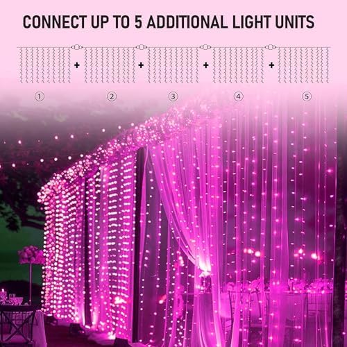 Dazzle Bright 300 LED Curtain String Lights, Valentine's Day Fairy Lights for Bedroom with 8 Lighting Modes, Connectable Waterproof Window Lights Party Wedding Garden Wall Christmas Decor, Pink - Image 4