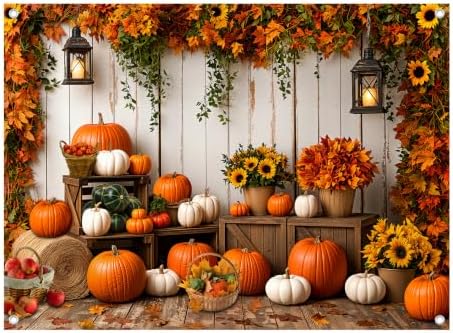 7x5FT Fall Pumpkin Wooden Backdrop Barn Thanksgiving Banner by Unknown