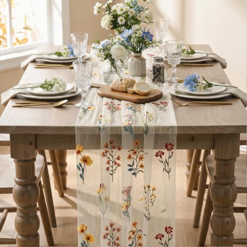 Artoid Mode Wildflower Beige Apricot Embroidery Table Runner 120 Inch 10FT - Image 2