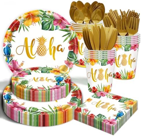 175Pcs Hawaiian Luau Party Decorations Aloha Tropical Tropical Hibiscus Floral Tableware Supplies Hawaii Palm Leaves Plates for Summer Hawaiian Birthday BBQ Pool Beach Party Supplies Serves 25 Guests by B4b3e