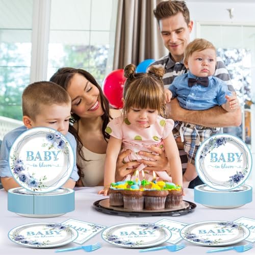 50 Guests Baby In Bloom Baby Shower Decoration Blue Flower Paper Plates Napkins Forks Spring Floral Theme Party Tableware Disposable Party Supplies Favor Plates For Boy Girl Birthday 200PCS - Image 6