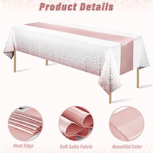 24 Pack Rose Gold Tablecloth and Table Runner Set Party Decorations, White and Rose Gold Plastic Disposable Tablecloth and Satin Table Runner for Wedding Birthday Bridal Graduation Anniversary Party - Image 3