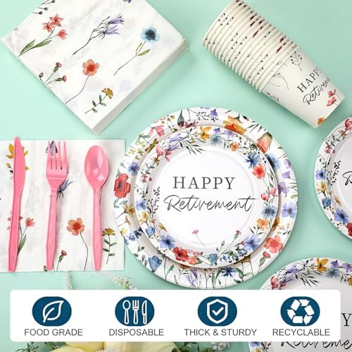 Yungyan 252 Pcs Wildflowers Retirement Party Tableware Set Included Plates Napkins Cups Forks Knives Cutlery for Party Decorations Supplies 36 Guests - Image 3