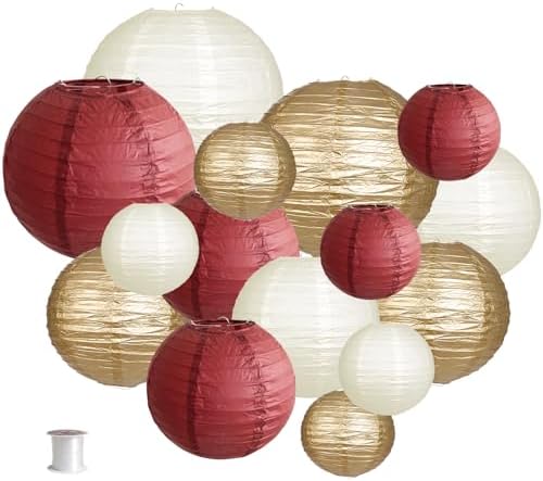 Round Hanging Paper Lanterns Burgundy and Gold Party Decorations15pcs by zilue