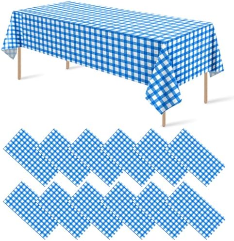 12 Pack Blue and White Plastic Checkered Tablecloth, Premium Decorative Disposable Blue Gingham Plaid Table Cloths for Parties, Rectangle Party Table Cover for Picnic Farm Birthday Wedding, 54x108Inch by RAGNHILD