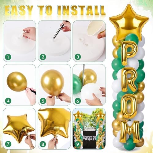 2 Sets Graduation Balloon Column Stand Kits with 132 PCS Green Gold White Latex Balloons 2026 Letters 6.5 Ft Adjustable Metal Tube Telescopic Tower Pillar with Base for Graduation Party Decoration - Image 5