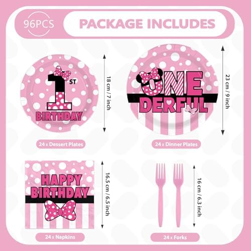 96Pcs Pink Mouse One Year Old Birthday Decorations, Serves 24 - Image 5