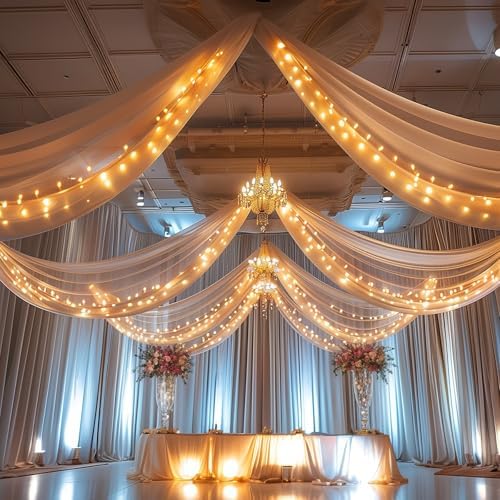 Dark Champagne Ceiling Drapes with Lights String for Weddings, 6 Panels 5ftx30ft Sheer Tulle Backdrop Photo Background Drapes for Wedding Ceremony Birthday Party Arch Decoration - Image 3