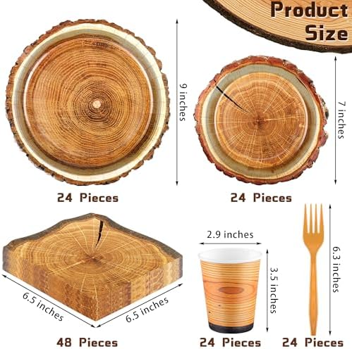 durony 144 Pieces Camping Wood Grain Slice Dinnerware Set Rustic Wood Party Supplies Paper Plates Napkins Serve 24 for Forest Themed Party Decorations Camping Birthday Supplies - Image 2