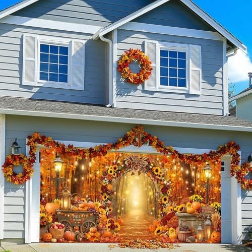 Fall Garage Door Cover 16x7ft 2 Car Pumpkin Sunflower Arch Autumn Decor - Image 2