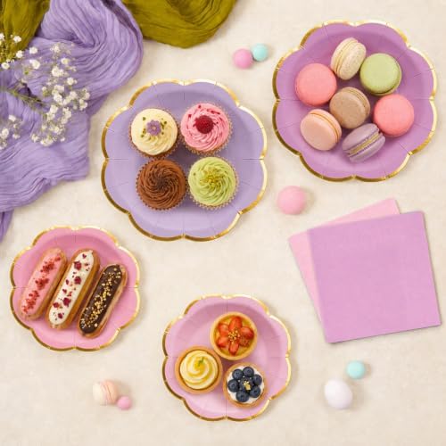 OuMuaMua 60pcs Pink and Purple Disposable Paper Plates & Napkins Set for 20 - Image 2