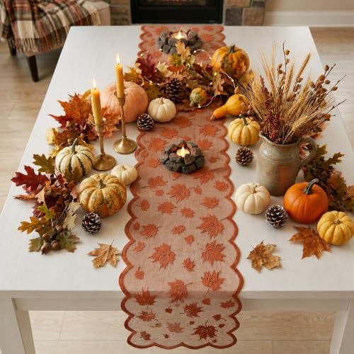 Fall Decorations for Home - Orange Lace Fall Leaves Table Runner - Image 2