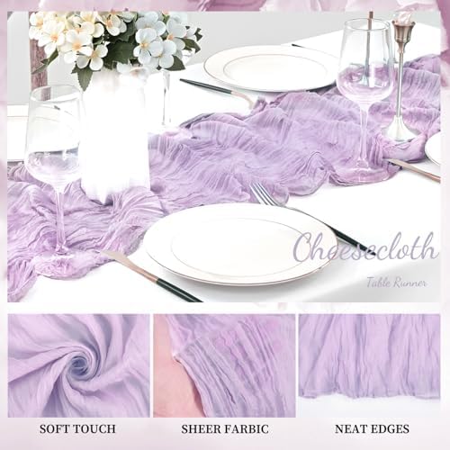 6 Pack Lilac Cheesecloth Table Runner 10FT Rustic Gauze Cheese Cloth Table Runner for Wedding 20 x 120 Inch Long Bridal Baby Shower Table Decor Boho Fabric Sheer Birthday Party Table Decorations - Image 3
