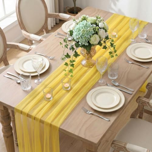 Artoid Mode 3Pcs Yellow Gauze Table Runner 28x120Inch, Seasonal Sheer Kitchen Dining Holiday Wedding Birthday Baby Shower Table Decor for Home Party - Image 4