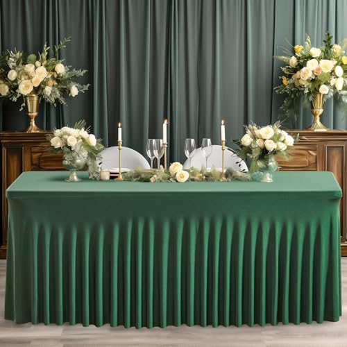 Wish Care 2 Pack Hunter Green Stretch Spandex Table Clothes for 6 Foot Rectangle Tables, 6FT Wrinkle Free Fitted Tablecloths Ruffles Design Table Cover for Party, Banquet, Wedding and Events - Image 5