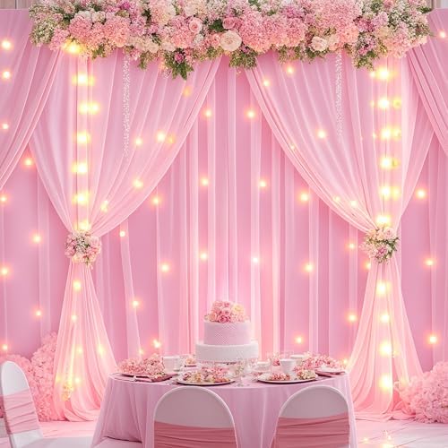20 x 10ft Baby Pink Backdrop Curtains with Lights String by PartyTalk