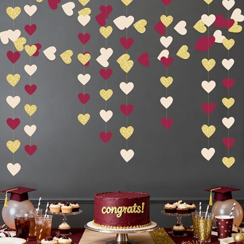 Maroon Gold Party Decorations Burgundy Beige Glitter Gold Paper Love Heart Hanging Banner Garland Streamer for Birthday Wedding Anniversary Engagement Valentines Day Graduation Garnet Party Supplies - Image 7