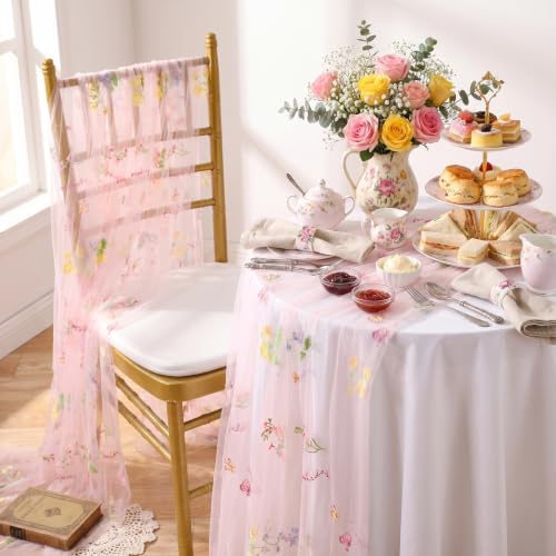 Pink Floral Gauze Table Runner 6pcs 10ft Embroidery Tulle Spring Decor - Image 4